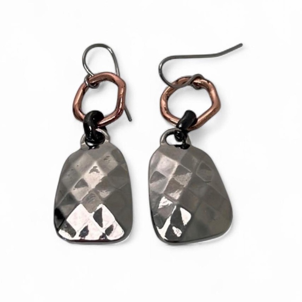 Hammered Silver Metal Dangle Earrings Bronze Accent - Picture 3 of 3